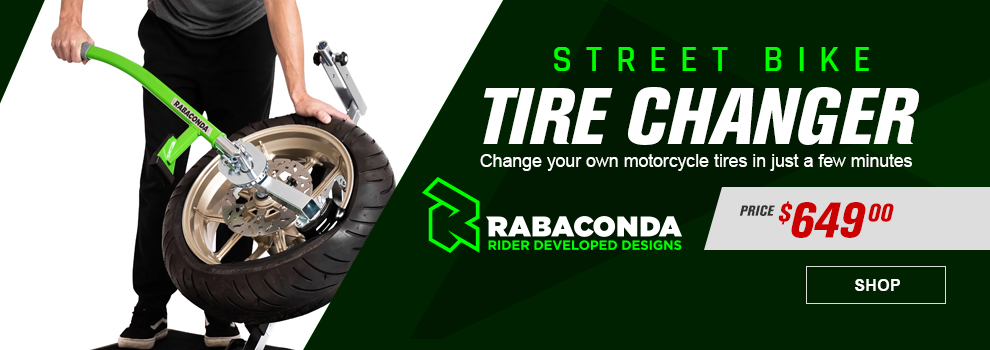 Rabaconda Street Bike Tire Changer, Change your own motorcycle tires in just a few minutes, price $649, someone using the tire changer, link, shop